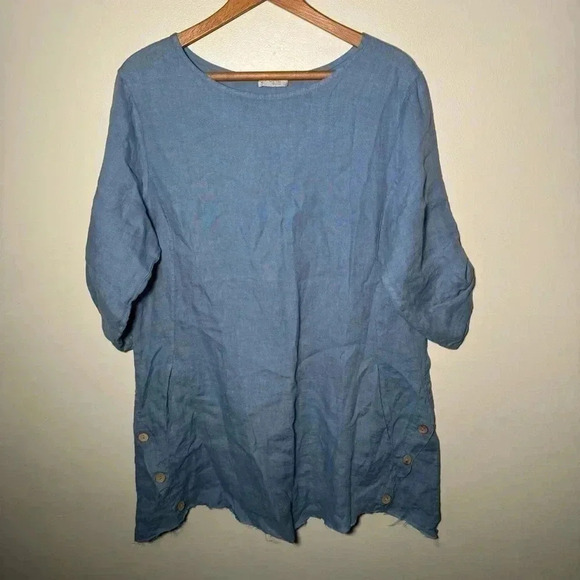 Italian linen boho artsy ocean blue boho dress  with wooden buttons S - Picture 2 of 6